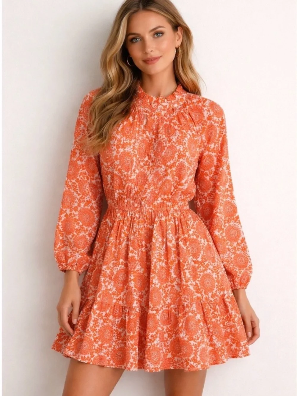 J.Crew Paisley Mini Dress‎ Orange White Ruffle Size XL